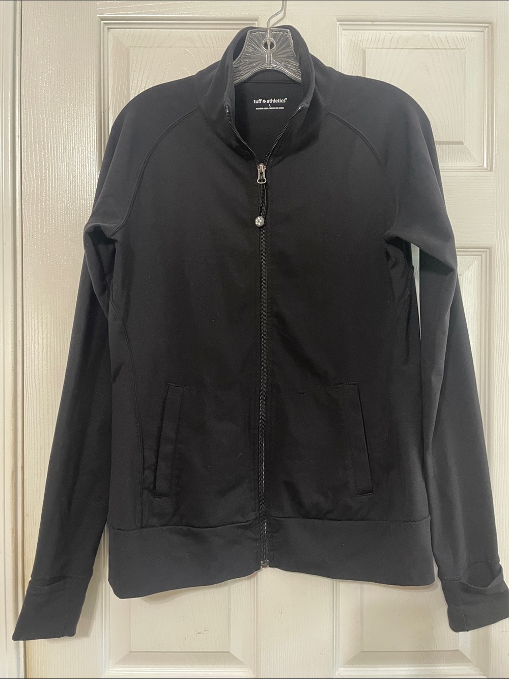 Tuff Athletics Size Large Black Mock Neck Zip Up Jacket Thumb Holes Pockets